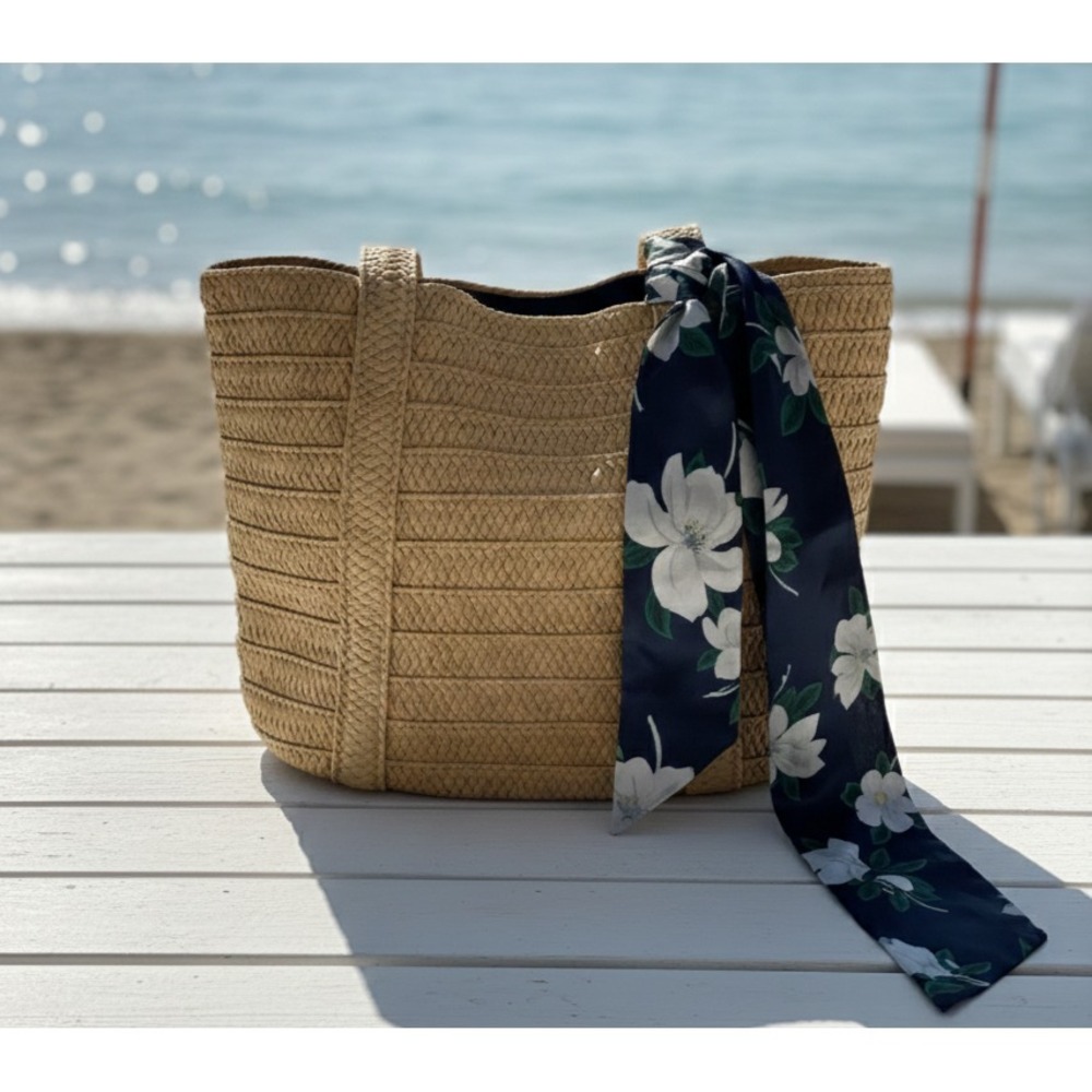 Draper James Removable Floral Scarf Straw Tote Shoulder Bag Women's Tan